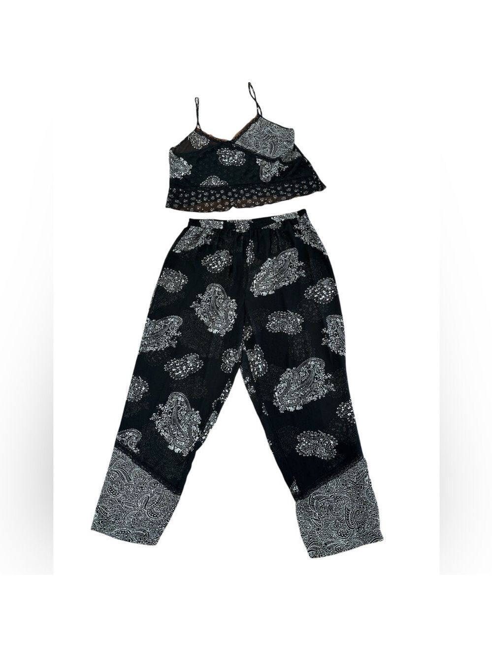 90s 2PC DELICATES BOHO SHEER BLK & CREAM PAISLEY CROP TOP & WIDE LEG PANT SZ XL - Picture 9 of 16